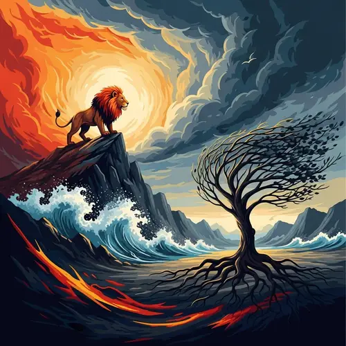 Courage & Valor in Art: A Brave Lion Confronting a Monstrous Storm