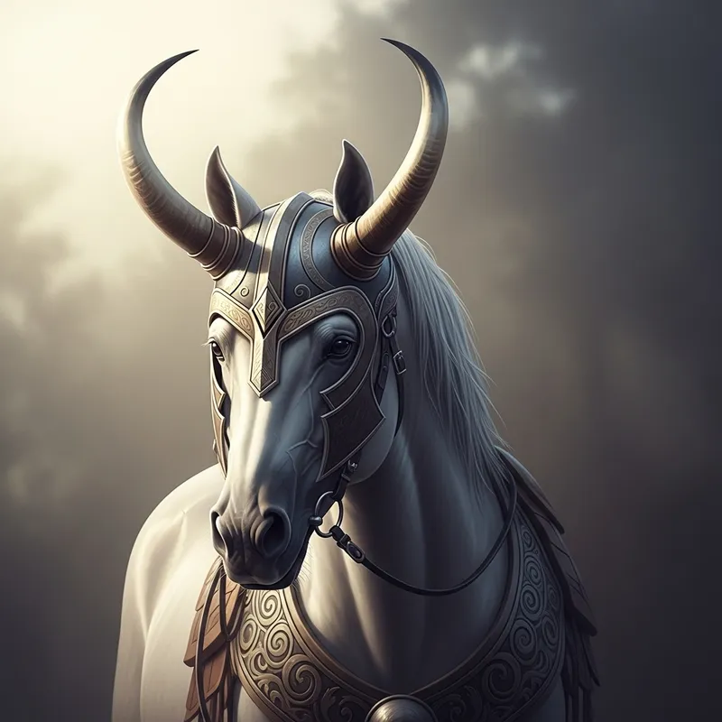 Majestic Horse in Horned Helmet | Mythical Aura Image Majestic Horse in Horned Helmet | Mythical Aura Image