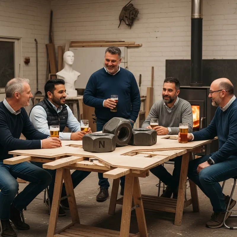 Middle-Aged Men's Investment Club in a Sculptor's Workshop