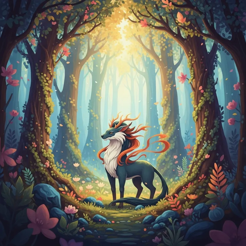 Graceful Mythical Creature in Vibrant Fantasy Forest