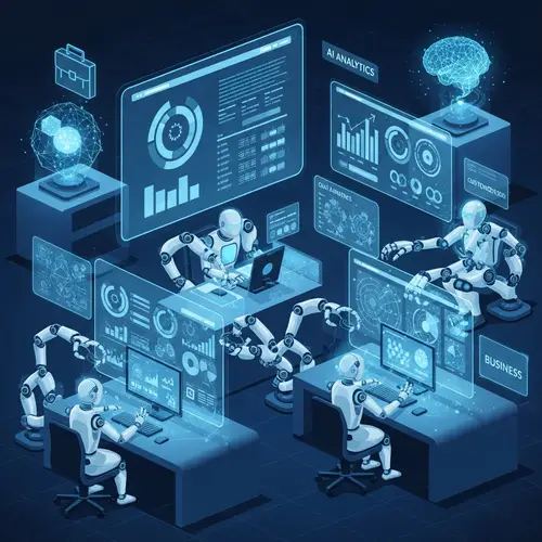 AI in Business: Futuristic ICT Environment with Holographic Charts and Robots