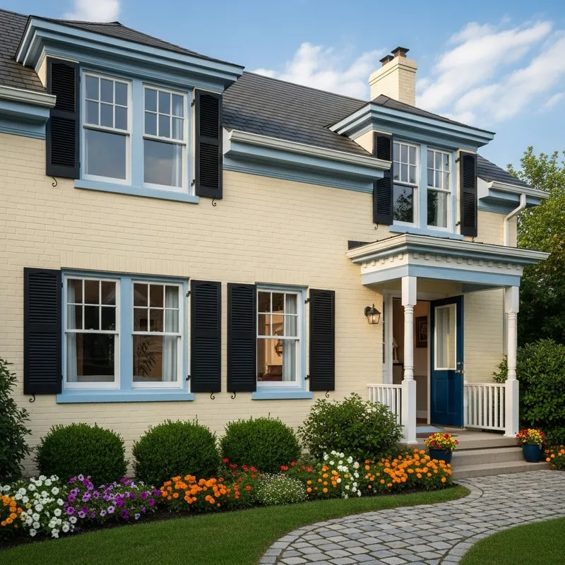 Charming Soft Yellow Brick House with Blue Trim