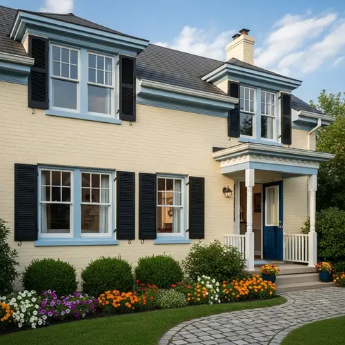 Charming Soft Yellow Brick House with Blue Trim