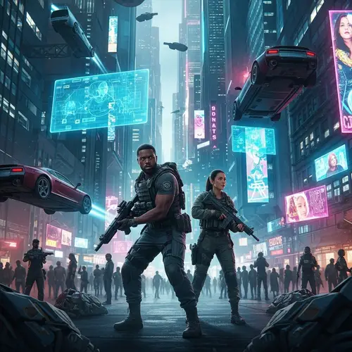 Futuristic City Action Scene with Diverse Characters | Tech Thriller