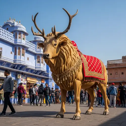Majestic Lion-Bull Hybrid Creature in Jaipur Streets