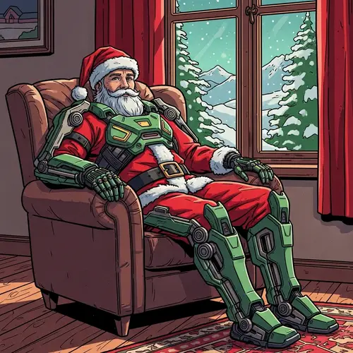 Festive Robotic Santa Claus in Plush Armchair | Snowy Landscape View