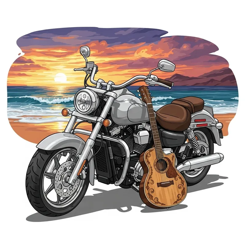 Motorcycle and Guitar: A Perfect Sunset Scene