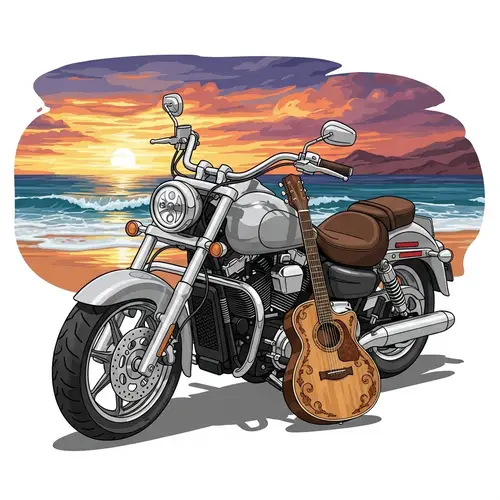 Motorcycle and Guitar: A Perfect Sunset Scene
