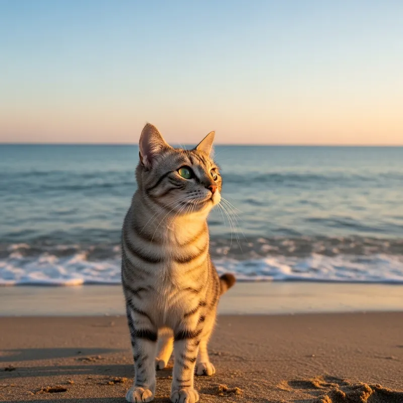 Curious Cat Gazing at the Ocean | Tranquil Sunset Scene