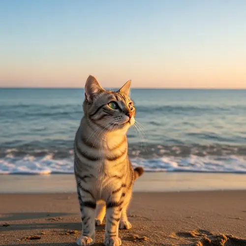 Tranquil Ocean Scene with a Curious Feline | Sunset Serenity