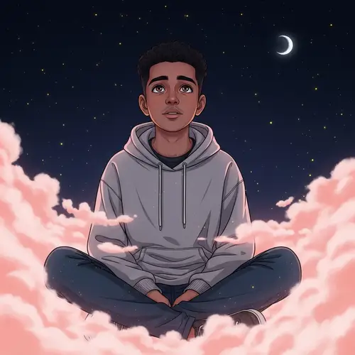 Middle-Eastern Teenage Boy in Contemplation among Pink Clouds