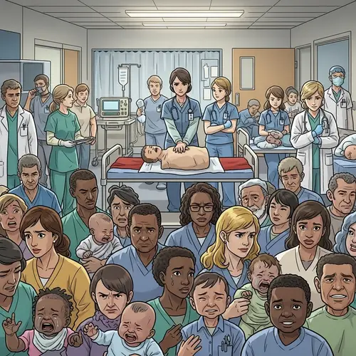 Distressed Hospital ER Scene with Multicultural Patients and Healthcare Workers