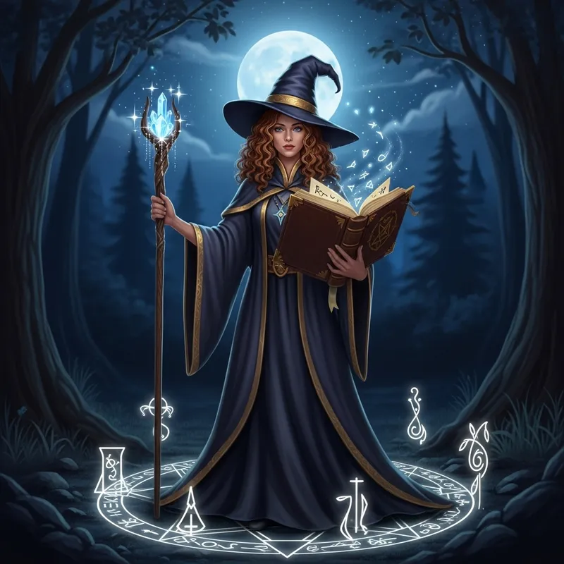 Mystical Curly-Haired Witch Casting Enchanting Spell Mystical Curly-Haired Witch Casting Enchanting Spell