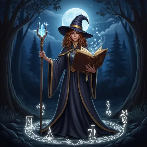 Curly-Haired Witch Casting Spell in Dark Forest