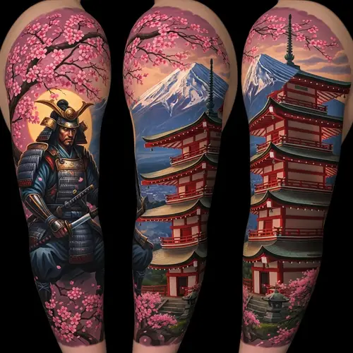 Vibrant Samurai Sleeve Tattoo with Japanese Temple and Mount Fuji