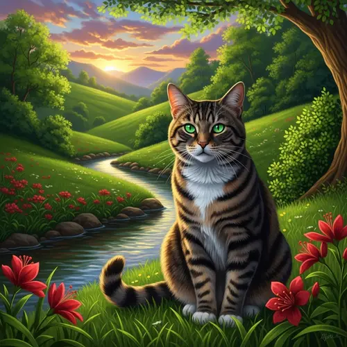 Lush Green Landscape with Tabby Cat by Calm Brook