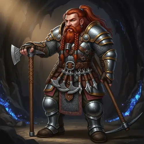 Dwarf in Chainmail Armor with Hand Axes and Pickaxe