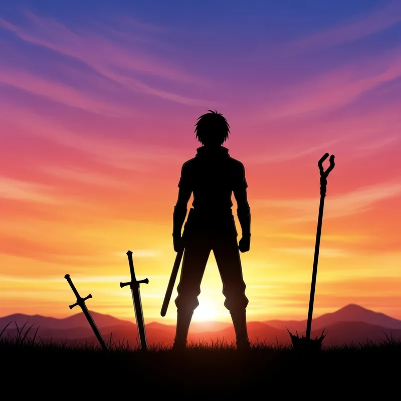 Dark Silhouette of Young Man with Sword in Vibrant Sunset