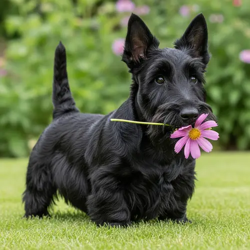 Charming Scottish Terrier with Flower in Enchanting Garden