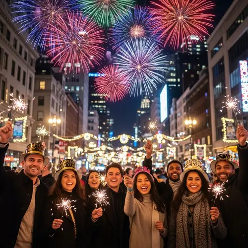 New Year's Celebration in Metropolitan City with Multicolored Fireworks