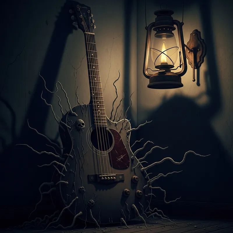Creepy Guitar Scene: Eerie Shadowy Aura & Distorted Shadows