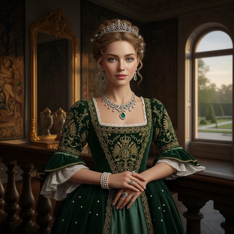 Historic Noblewoman in Green Dress with Blonde Hair