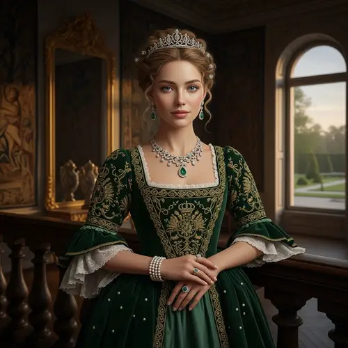 Historic Dynasty Noblewoman in Emerald Green Dress