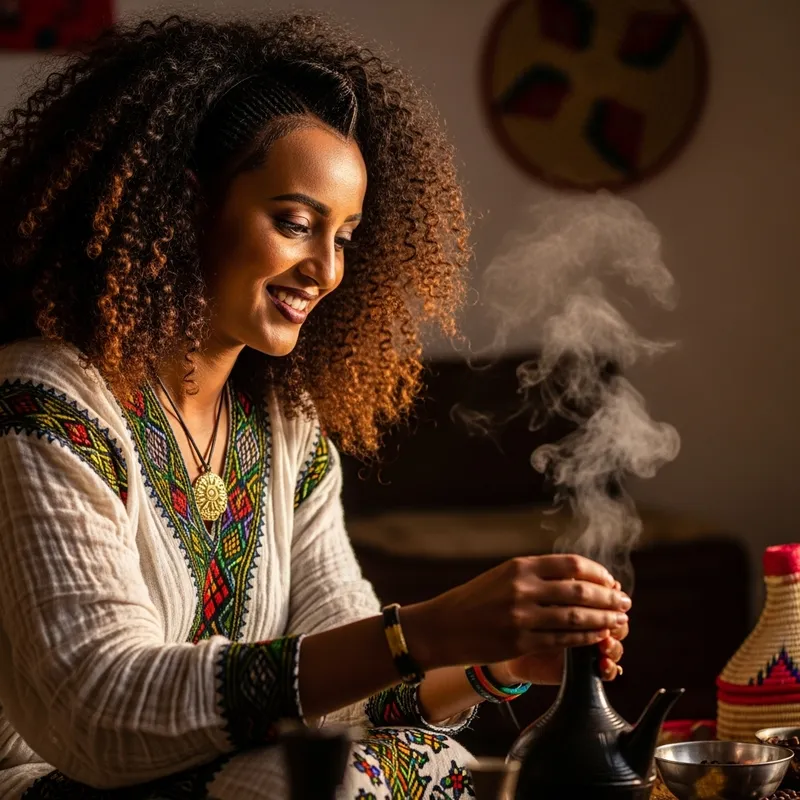 Ethiopian Woman Brewing Coffee: Smiling with Curly Hair Ethiopian Woman Brewing Coffee: Smiling with Curly Hair