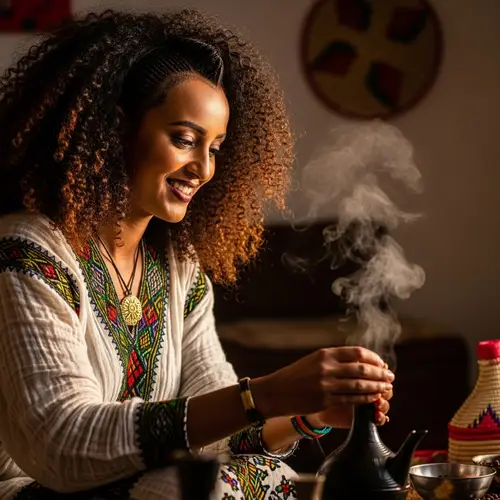 Ethiopian Woman Brewing Coffee: Warm Smile & Aroma