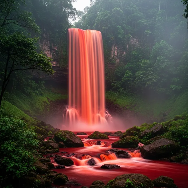 Mystical Red Waterfall - Enchanting Cascading Scene