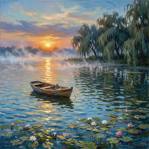 Serene Dusk on a Cerulean Lake - Captured in Monet's Style