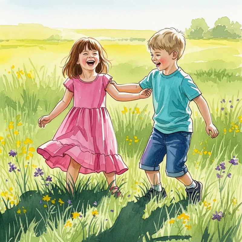 Young Girl and Boy in Sunlit Meadow