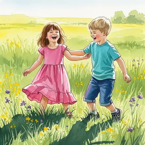 Watercolor Painting of Young Girl and Boy Laughing on Sunlit Meadow