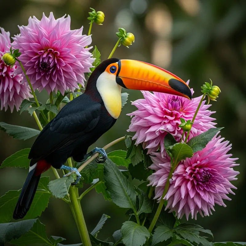Colorful Toucan Perched on Dahlia Plant