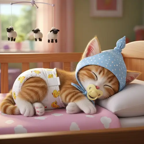 Adorable Baby Kitten Asleep in Crib with Pacifier - Cute Image