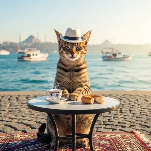 Cat with Hat Enjoying Tea and Bagel by the Sea in Istanbul