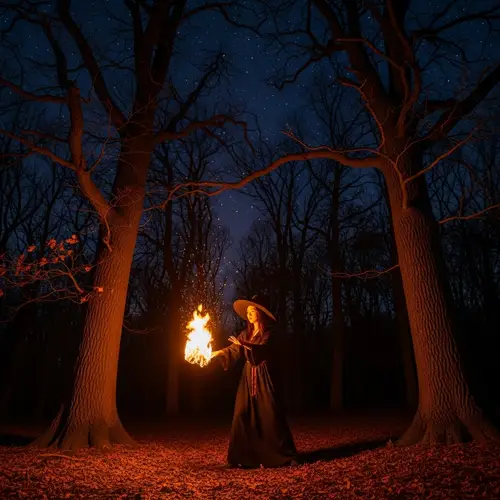 Asian Witch Conjuring Fire in Enchanted Forest at Night