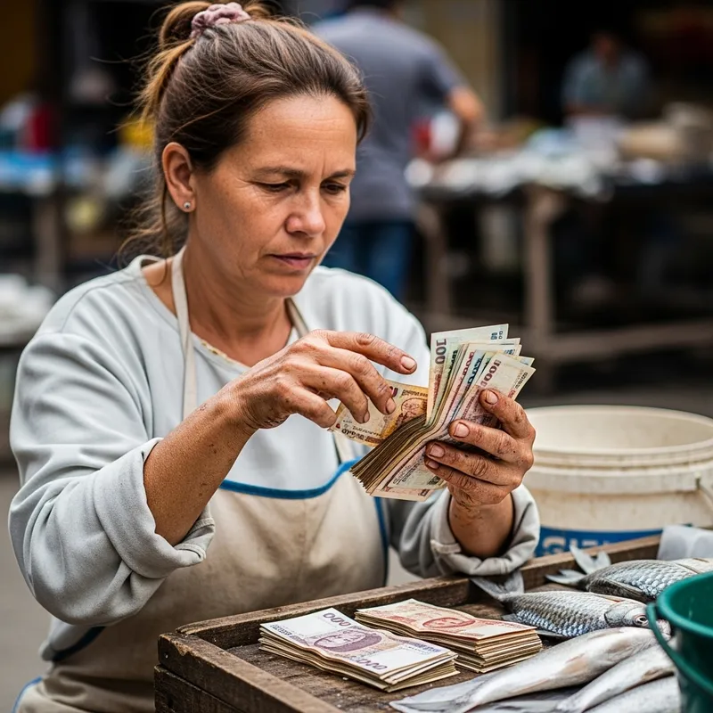Woman Counting Money After Selling Fish - Financial Exchange