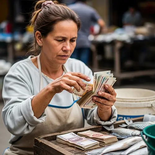Woman Counting Money After Selling Fish