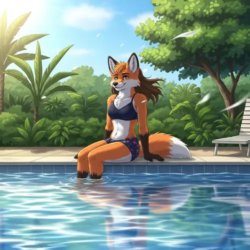 Anthropomorphic Fox Demi-Human by Pool | Swimsuit Blend
