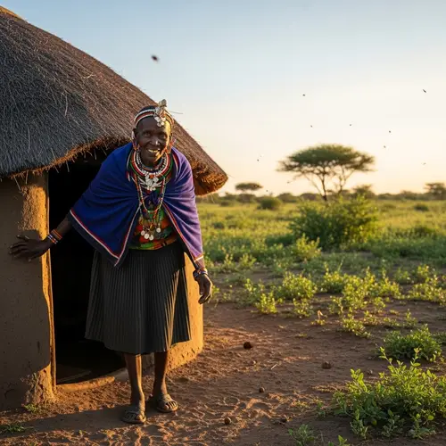 Traditional African Grandmother Steps Out of Thatched Hut at Sunrise
