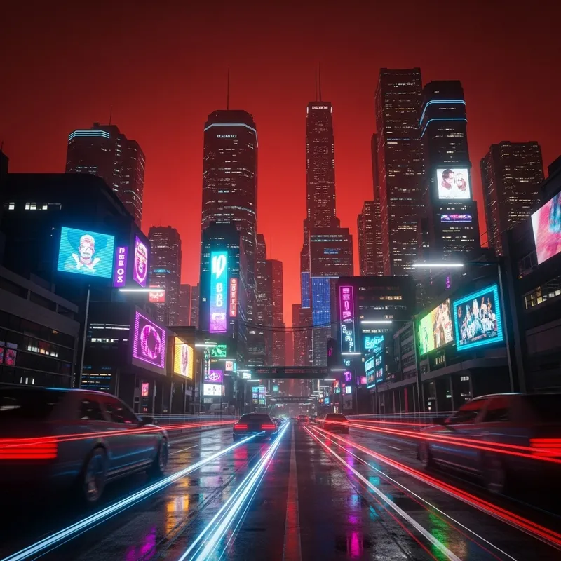 Cyberpunk Cityscape Under Red Night Sky - Futuristic Urban Metropolis