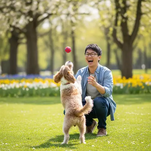Joyful Asian Man Playing with Pet Dog in Green Park