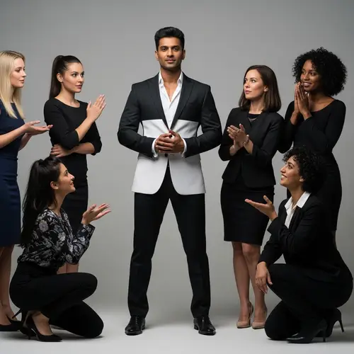 Confident South Asian Man in Stylish Suit Surrounded by Diverse Women