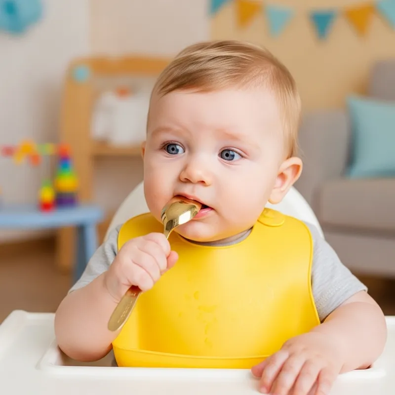 Adorable Baby with Gold Spoon in High Chair