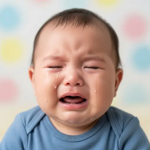 Asian Baby Crying in Blue Onesie | Emotional Infant Photo