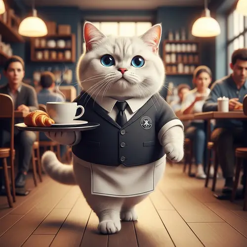 Whimsical British Shorthair Cat in Cafe Serving Coffee and Pastry