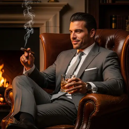Confident Gentleman in Suit with Cigar and Bourbon | Luxury Lifestyle