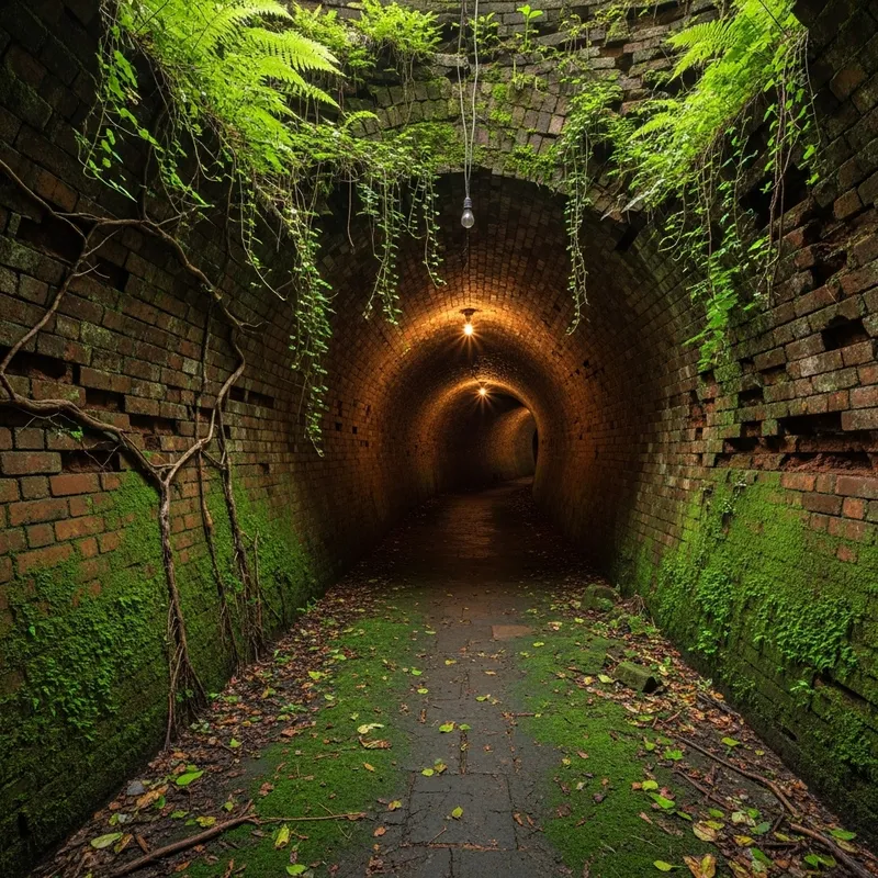 Gloomy Brick Underground Tunnel with Vaulted Ceiling Gloomy Brick Underground Tunnel with Vaulted Ceiling
