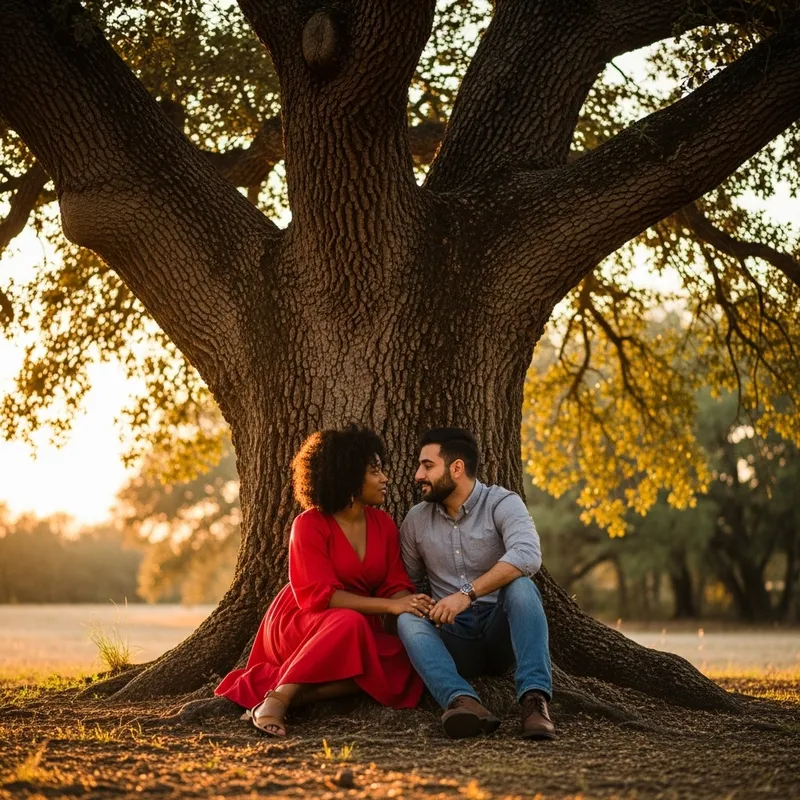 Passionate Sunset Conversation Under Ancient Oak Tree